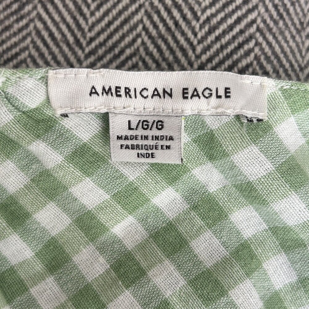 American Eagle 2 Piece Crop Top Flowy Pants Large Green Lined Gingham Hippie - Picture 5 of 16